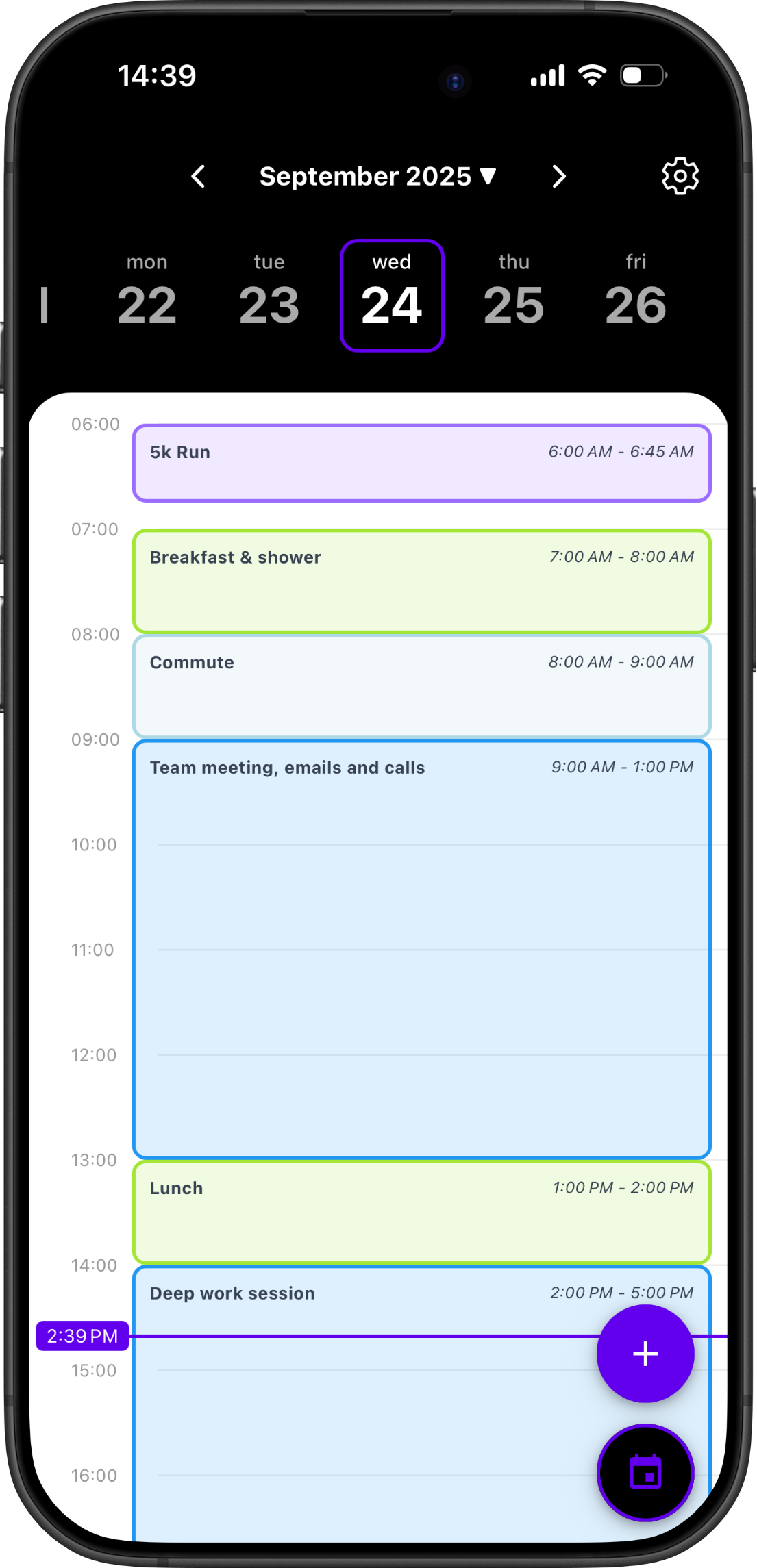 Day view with color-coded events
